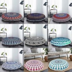 several different types of decorative pillows on the floor