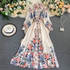 Floral Print Turn Down Collar Single Breasted High Waist A Line With Belt Dress Floral Print Maxi Dress, Floral Print Maxi, Luxury Dress, Slim Dresses, Maxi Dress Party, Looks Vintage, Spring Dresses, Belted Dress, Printed Maxi Dress