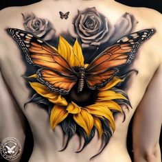 a woman's back with a butterfly and sunflower tattoo design on her body