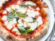 a white plate topped with a pizza covered in cheese and basil