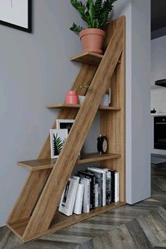 a bookshelf that has some plants on top of it and is leaning against the wall