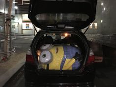 the back end of a car with a stuffed animal in it's trunk at night