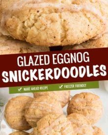 glazed eggnog snickkerdoodles are stacked on top of each other