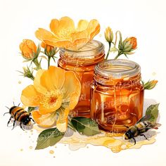 some honey jars with flowers and two bees