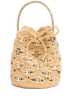 Height: 25cm Width: 18cm. Handle drop: 10cm. Strap drop: 47cm. Single top handle. Detachable, adjustable strap. Drawstring closure Raffia Bucket Bag, Chain Top, Leather Lingerie, Woven Raffia, Woman Bags Handbags, Paco Rabanne, Brass Chain, Online Bags, Small Leather Goods