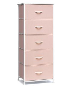 a pink and white dresser with five drawers on it's sides, against a white background