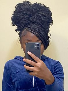 Ponytail Hairstyles For Natural Hair 4c, Messy Bun With Boho Braids, Bow Bun With Box Braids, Cute Updos For Box Braids, Braids In Bun Hairstyles, Braids Hairstyles Goddesses, Pinned Up Braids, Knotless Box Braids Hairstyles Ideas Bun, Swoop Hairstyles Braids