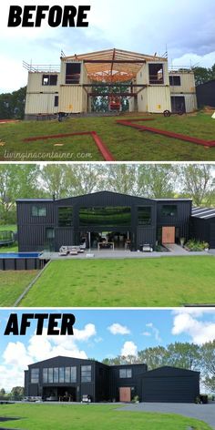 before and after photos of a house being built with shipping containers on the front yard