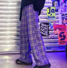 Checkerboard Pants, Aesthetic Pants, Pants Aesthetic, Checker Pants, Fashion 2000s, Loose Fitting Pants, High Waist Wide Leg Pants, Casual Bottoms, Purple Plaid