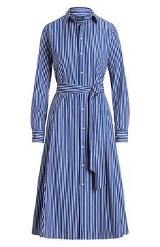 Stay true to the classics in this timeless shirtdress highlighted by bright stripes and framed with long sleeves that look great rolled up or completely down. 48" length (size 8) Spread collar Long sleeves with button cuffs Unlined 100% cotton Dry clean or machine wash, tumble dry Imported Long Sleeve Shirt Dress With Striped Collar For Daywear, Long Sleeve Shirt Dress With Striped Collar For Work, Chic Long Sleeve Vertical Stripe Shirt Dress, Chic Long Sleeve Shirt Dress With Vertical Stripes, Striped Long Sleeve Shirt Dress For Daywear, Long Sleeve Vertical Stripe Work Dresses, Long Sleeve Vertical Stripes Work Dress, Classic Striped Shirt Dress, Classic Striped Long Sleeve Shirt Dress