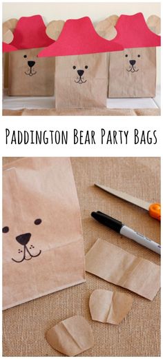 paper bags with bear faces on them and the words paddington bear party bags next to it