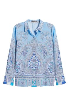 A serene paisley print swirls across a crisp cotton popover shirt eased by an inverted back pleat for a relaxed fit. 27" length Hidden-button half placket Spread collar Long sleeves with button cuffs 100% cotton Dry clean Imported Classic Blue Paisley Print Tops, Elegant Paisley Print Button-up Tops, Elegant Printed Relaxed Fit Blouse, Classic Patterned Top With Paisley Print, Classic Patterned Tops With Paisley Print, Classic Paisley Print Patterned Tops, Long Sleeve Tops With Paisley Print For Work, Elegant Collared Patterned Tops, Elegant Paisley Print Patterned Blouse