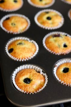 muffins with blueberries are sitting in the pan