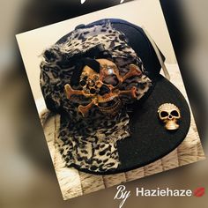 Custom Jewel Cap Created By Haziehaze Gold Skull Black Punk Brimmed Hats, Black Brimmed Punk Hat, Punk Cap Hat One Size Fits Most, Punk Style Cap Hat, Punk Style Cap One Size Fits Most, Black Snapback Mini Hats For Party, Black Costume Hat For Fall, Black Flat Cap For Party, Edgy Adjustable Snapback Hat