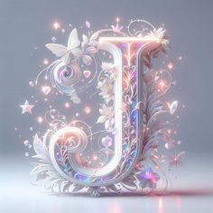 the letter j is made up of flowers and butterflies, with an intricate swirly design