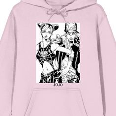 Celebrate your favorite manga characters in style with this Jojo's Bizarre Adventure sweatshirt. The hoodie features black and white illustrations of Jolyne Jotaro. The sweatshirt comes in cradle pink and is equipped with an adjustable hood and is equipped with an adjustable hood and a large pouch pocket. Jojo's Bizarre Adventure fans will love this comfy hoodie. Anime Print Hooded Top For Cosplay, Casual Graphic Print Hoodie For Cosplay, Casual Anime Print Hoodie For Cosplay, Casual Anime Print Hoodie For Cosplay Events, Anime Hoodie With Anime Print For Cosplay Events, Anime Graphic Print Hooded Sweatshirt, Anime Style Hoodie With Graphic Print For Cosplay, Anime Graphic Print Hoodie For Cosplay, Anime Style Sweatshirt With Anime Print For Fans