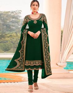 Green Chudidar style Suit Georgette Salwar Kameez in Embroidery, Stone & Lace Work:Arabic Attire #blackshalwarkameezforladies #trendingsuits #stitchingsalwarkameez #indiansalwarsuitsonline #simplesuits #traditionalsalwarkameez #suitnewfashion #salwarsuitonlineusa #suitsforwomenonline #simpleshalwarkameez #ladieski #salwarkameezonlineshopping #designsuits #designersuitswithprice #designersuitwithprice #differenttypesofsuitsdesign Bollywood Suits, Latest Salwar Suits, Drashti Dhami, Pakistani Suits Online, Churidar Suits, Salwar Suits Online, Designer Salwar Suits, Pakistani Suits, Churidar