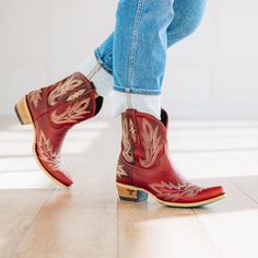 Lexington Bootie - Smoldering Ruby Cowgirl Ankle Boots, Red Cowgirl Boots, Red Ankle Boots, Big Calves, Lane Boots, Western Ankle Boots, Western Boots Women, Cowboy Boots Women, Red Heels