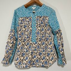 Nwot, Excellent Condition Sundance Explorer Blue And White Mixed Floral Print Long Sleeve Henley Shirt Medium Contrasting Print Ruffled Smocked Cuffs Cotton Machine Washable Bin: 1 Spring Block Print Relaxed Fit Tops, Summer Casual Blouse With Block Print, Fitted Casual Top With Block Print, Casual Block Print Blouse For Summer, Summer Casual Block Print Blouse, Fitted Casual Block Print Tops, Fitted Block Print Casual Top, Blue Block Print Tops For Spring, Spring Relaxed Fit Block Print Blouse