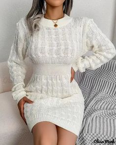 Olivia Mark - Braided sweater dress with long sleeves and round neck Wrap Sweater Dress, Bodycon Sweater, 파티 드레스, Woven Sweater, Long Sleeve Knit Dress, Sweater Dress Women, Mini Sweater Dress, Hip Dress, Knit Sweater Dress