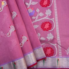 Handwoven Mulberry Pink Real Zari Kota Silk Saree with Muniya Border - Khinkhwab Chanderi Traditional Wear With Woven Motifs For Rituals, Folk Style Handloom Dupatta For Festivals, Traditional Purple Wear With Woven Motifs, Pink Saree With Woven Motifs For Traditional Ceremonies, Festive Folk Handloom Traditional Wear, Festive Folk Traditional Wear From Handloom, Festive Folk Style Traditional Wear Handloom, Festive Purple Traditional Wear With Woven Motifs, Traditional Cotton Wear With Weaving Work