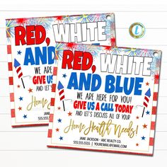 two red, white and blue birthday party cards with fireworks on them for the fourth of july