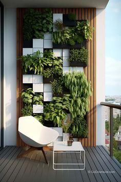 a white chair sitting on top of a wooden floor next to a wall covered in plants