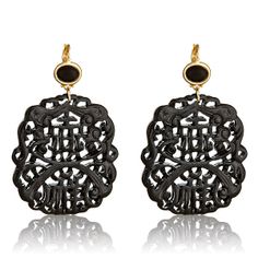 Kenneth Jay Lane Black Carved Earrings at HAUTEheadquarters.com Elegant Black Filigree Earrings, Black Plug Earrings For Party, Black Filigree Earrings, Black Filigree Earrings For Gift, Black Filigree Earrings As Gift, Formal Black Filigree Earrings, Black Onyx Earrings For Parties, Black Pierced Earrings For Evening, Light Earrings