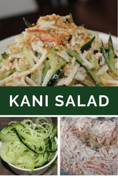 the cover of kani salad is shown with pictures of vegetables and noodles in it