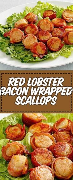 red lobster and bacon wrapped in lettuce on a white plate with text overlay that says red lobster and bacon wrapped in lettuce