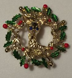 Vintage Gerry's Christmas Wreath Brooch Holly Deer Collectible | eBay Christmas Holiday Brooch Jewelry, Christmas Holiday Jewelry Brooch, Red Vintage Holiday Jewelry, Vintage Red Jewelry For Holidays, Red Vintage Jewelry For Holidays, Vintage Christmas Jewelry For Celebration, Vintage Christmas Celebration Jewelry, Vintage Red Brooches For Festive Occasion, Vintage Red Jewelry For Christmas