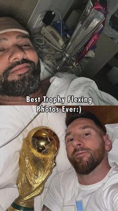 two men laying in bed next to each other with the caption best trophy flexing photos ever