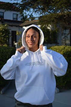 O.G White Nightmare logo hoodie. Our cotton hoodie is lined with versatile white reflective fabric. The reflective logo design features a collection of hands reaching dreams/goals. Perfect for lounging, activewear, events, and meetings. Stay warm, stay fly, you're their worst Nightmare. White Stretch Hooded Hoodie, White Stretch Hooded Sweatshirt, White Stretch Hoodie With Ribbed Cuffs, White Techwear Hoodie For Fall, White Double-lined Hood Athleisure Hoodie, White Hip Hop Sweatshirt With Adjustable Hood, White Double-lined Hoodie Athleisure, White Athleisure Hoodie With Double-lined Hood, White Urban Hoodie With Adjustable Hood