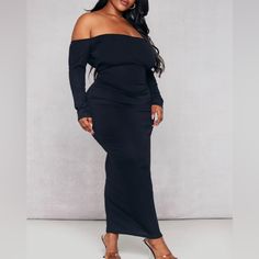 Black, Ribbed Long Sleeve Midi Dress Off The Shoulder Off-shoulder Ribbed Party Dress, Black Maxi Dress For Club In Fall, Black Ribbed Midi Length Maxi Dress, Off-shoulder Ribbed Dress For Night Out, Black Ribbed Long Sleeve Maxi Dress, Black Off-shoulder Maxi Dress For Date Night, Black Ribbed Midi Dress For Date Night, Black Ribbed Dresses For Night Out, Black Ribbed Dress For Date Night