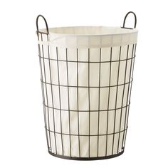 a white and black wire basket with handles on the bottom is shown in front of a white background