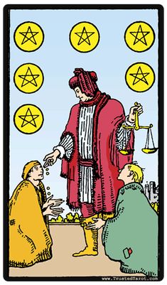 a tarot card with the image of a man in red and yellow robes holding a scale