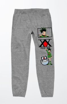 Online Only! Stay comfortable while also showing your love for your favorite anime cartoon with this pair of Hunter x Hunter Anime Sweatpants. They are super comfy and feature an elastic stretch waistline, a standard fit, and XX graphics down the leg. Elastic stretch waistline Standard fit Hunter X Hunter graphics Machine washable 73% Cotton, 27% polyester PacSun Mens Hunter x Hunter Anime Sweatpants - Gray size XL Casual Streetwear Bottoms With Character Print, Casual Cotton Pants With Cartoon Print, Casual Character Print Loungewear Bottoms, Casual Loungewear Bottoms With Character Print, Casual Cartoon Print Pants For Loungewear, Anime Sweatpants, Hunter X Hunter Anime, Pacsun Mens, Clothing Pants