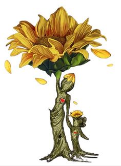 an image of a sunflower being held up by two small people in front of it