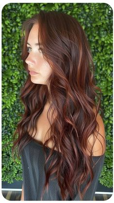 Highlights Brown Red Hair, Red Brown Hair Color With Money Piece, Red Brown Hair With Dimension, Dark Brown Hair Mahogany Highlights, Dark Brown Hair Summer Ideas, Summer Red Hair Color For Brunettes, Dark Red Hair With Brown Highlights, Dynamic Dark Brown Hair, Long Hair Red Highlights