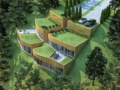 an artist's rendering of a house in the middle of a wooded area with cars parked on it