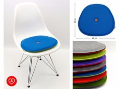 a stack of different colored chairs next to each other with the same color cushion on them