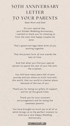 a poem written in black and white with the words, 50th anniversary letter to your parents