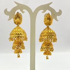 Handmade Jhumka Earrings 22ct Micro Gold Plated Earrings Indian jewelry Pakistan Jewelry  Length:2.8"Inches Approx  Traditional Indian Wedding Jewellery Slight Colour variations possible due to difference in screen and photograph  It is a perfect match with formal attire on special occasions or with casual wearing Care instructions Keep Jewellery away from direct heat, water, perfumes, deodorants and other strong chemicals as they may react with the metal or plating. The plating composition of J Gold Dangle Jhumkas For Festivals, Gold Jhumkas For Diwali Celebration, Gold Tilla Jhumkas For Eid, Heavy 22k Gold Earrings For Puja, Gold Plated Jhumka For Festivals, Gold Jhumkas For Navratri Gift, Gold-plated Jhumkas For Festivals, Gold Dangle Jhumkas For Diwali, Gold Round Chandelier Earrings For Diwali