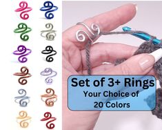 a hand holding a crochet ring with the text set of 3 rings your choice of 20 colors