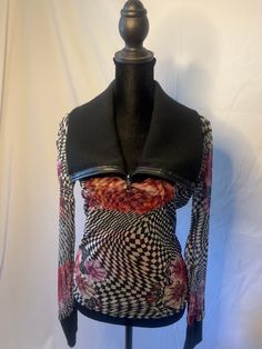 No tag when found. Gorgeous piece. Giving France/Rocker vibes. Please note entire blouse is mesh and translucent besides the collar and wrists. wonderful condition Fitted Mesh Blouse For Fall, Trendy Long Sleeve Mesh Top For Evening, Fitted Multicolor Sheer Mesh Top, Multicolor Sheer Long Sleeve Top, Fitted Sheer Multicolor Mesh Top, Fitted Multicolor Mesh Top With Long Sleeves, Multicolor Sheer Mesh Top, Multicolor Sheer Party Tops, Multicolor Sheer Tops For Party