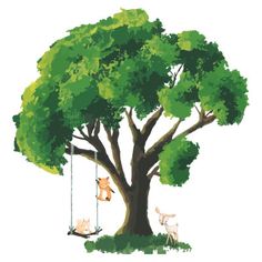 a tree with some animals on it and one is swinging from the top to the bottom