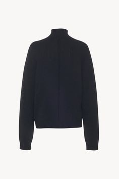 The Row Essentials sweater in foamy cashmere knit with mock turtleneck and ribbed neckline, cuffs and hem. Essentials Sweater, Mock Turtleneck, Ribbed Neckline, The Row, Cashmere, Turtle Neck, Knitting, Black