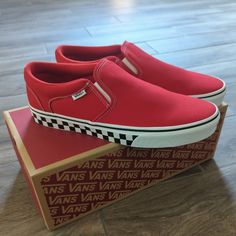 Vans Red Asher Slip On Loafer Skater Shoe Checkered Sidewall Men's 11, 11.5, And 13. New In Box Red Vans Slip-on Sneakers, Comfortable Red Slip-on Sneakers With Round Toe, Classic Red Vans Sneakers, Red Casual Slip-on Sneakers With Rubber Sole, Red Slip-on Sneakers With Rubber Sole, Casual Red Round Toe Slip-ons, Vans Slip-on Sneakers With Round Toe, Red Low-top Slip-ons With Rubber Sole, Red Slip-on Sneakers With Cushioned Footbed