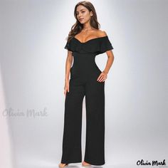 Olivia Mark - Sensually Fitted Jumpsuit with Delicate Off-Shoulder Ruffle Detail Fitted Off-shoulder Jumpsuit With Ruffles, Formal Black Ruffled Jumpsuits And Rompers, Fitted Off-shoulder Ruffled Jumpsuit/romper, Fitted Off-shoulder Ruffled Jumpsuit, Black Stretch Off-shoulder Jumpsuits And Rompers, Black Fitted Off-shoulder Strapless Jumpsuit, Black Strapless Jumpsuit For Summer Formal, Fitted Black Jumpsuit With Ruffles, Summer Formal Black Strapless Jumpsuit