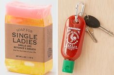 a soap bar and keychain are shown next to each other